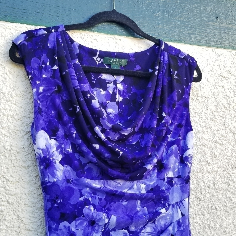 Lauren Ralph Lauren sleeveless blue purple floral cowl neck sheath dress size 4 - Picture 3 of 7